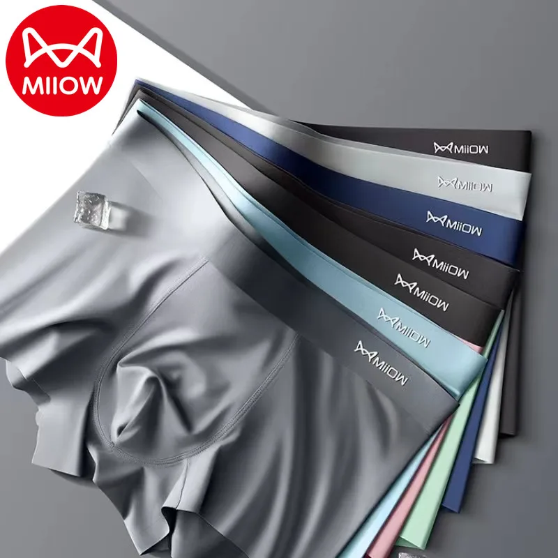 MiiOW 3pcs AAA Conductive Antibacterial Men Underwear 120S Ice Silk Fabric Men\'s Panties Sexy Seamless Boxer Shorts Underpants