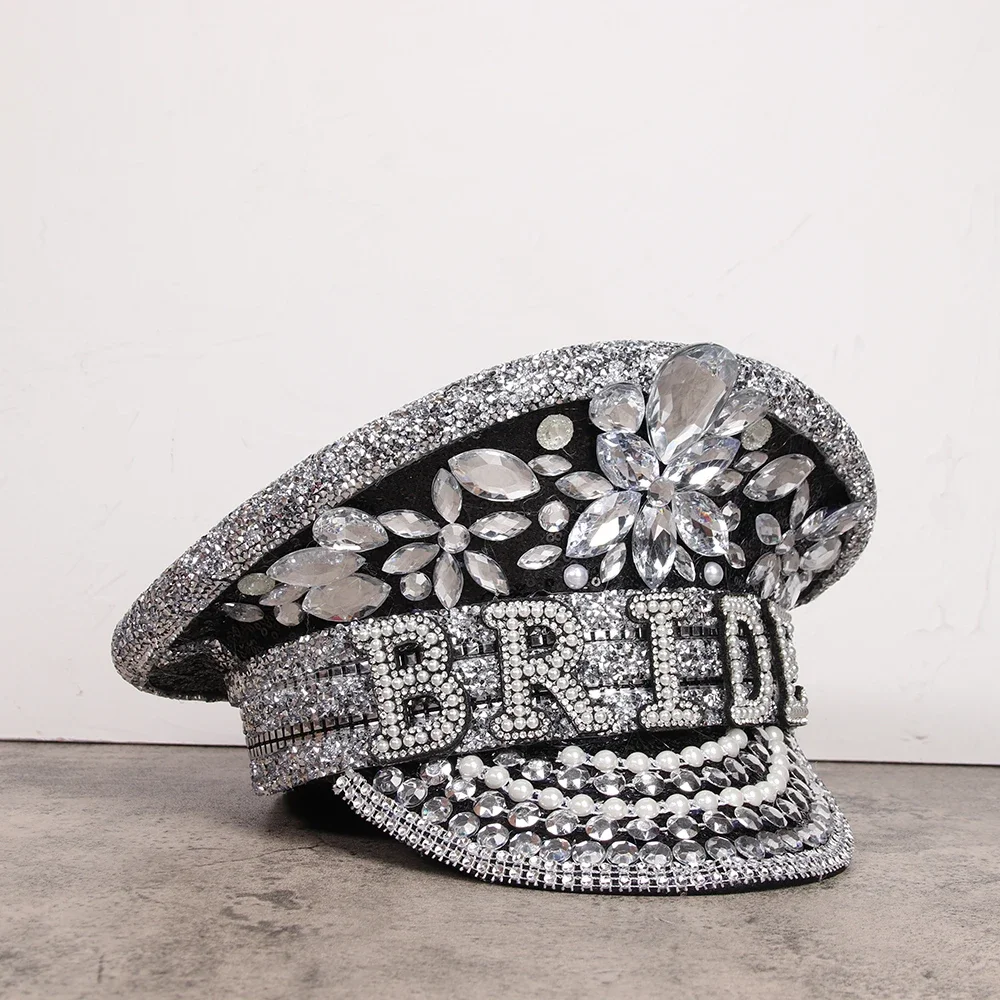 Women Wedding Hen Do Bride Hat Military Hat Sergeant Captain Hat Luxury Rhinestone Festival Birthday Part Hat Can Customize