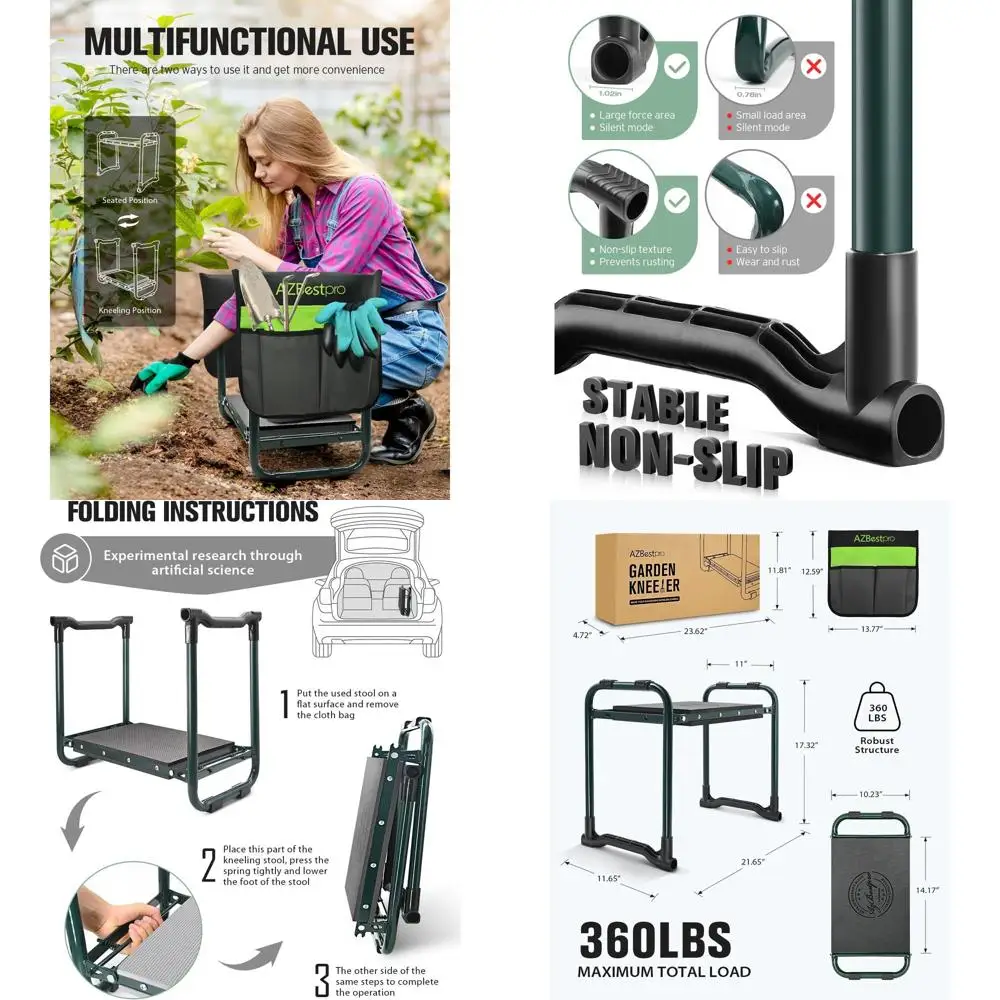 

Sturdy Foldable Garden Seat with 10 Wide Cushion, Anti-Pain Design, Premium Logo, 2 Large Tool Pouches - Ideal Gift for Women