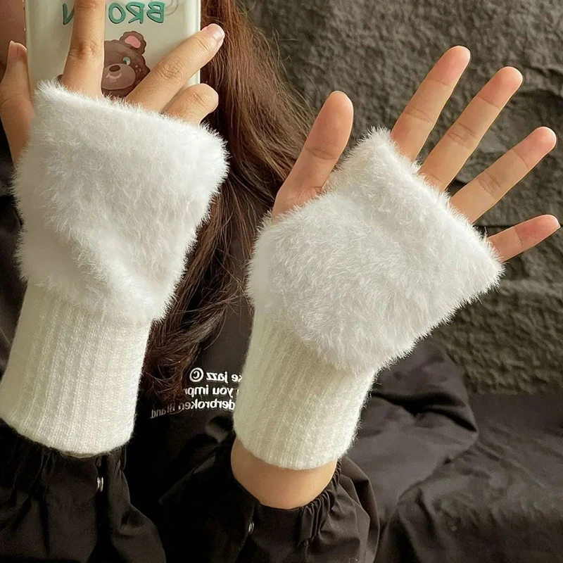 

2024 Winter Warm Short Arm Sleeves Half Finger Gloves for Women Solid Color Knitted Fingerless Plush Soft Hand Warmer Mittens