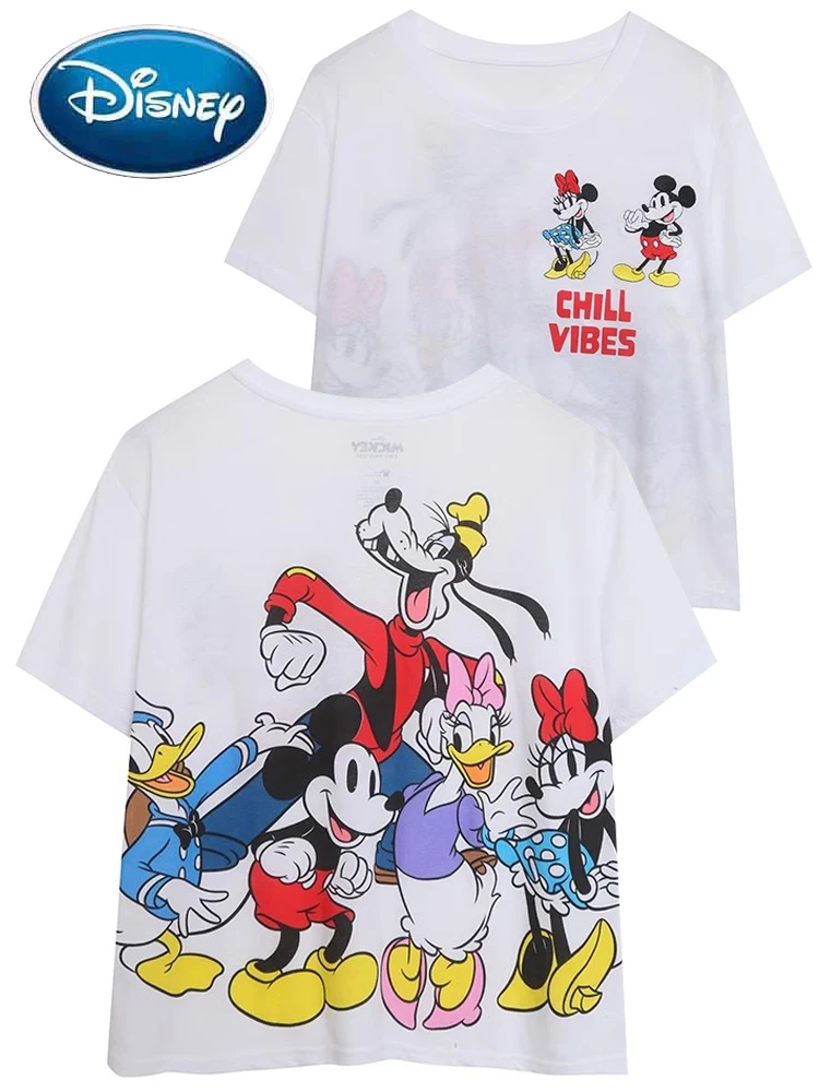 Disney Minnie Mickey Mouse Cartoon Print Embroidery T-Shirt Fashion Women O-Neck Pullover Short Sleeve Tee Tops Femme Streetwear