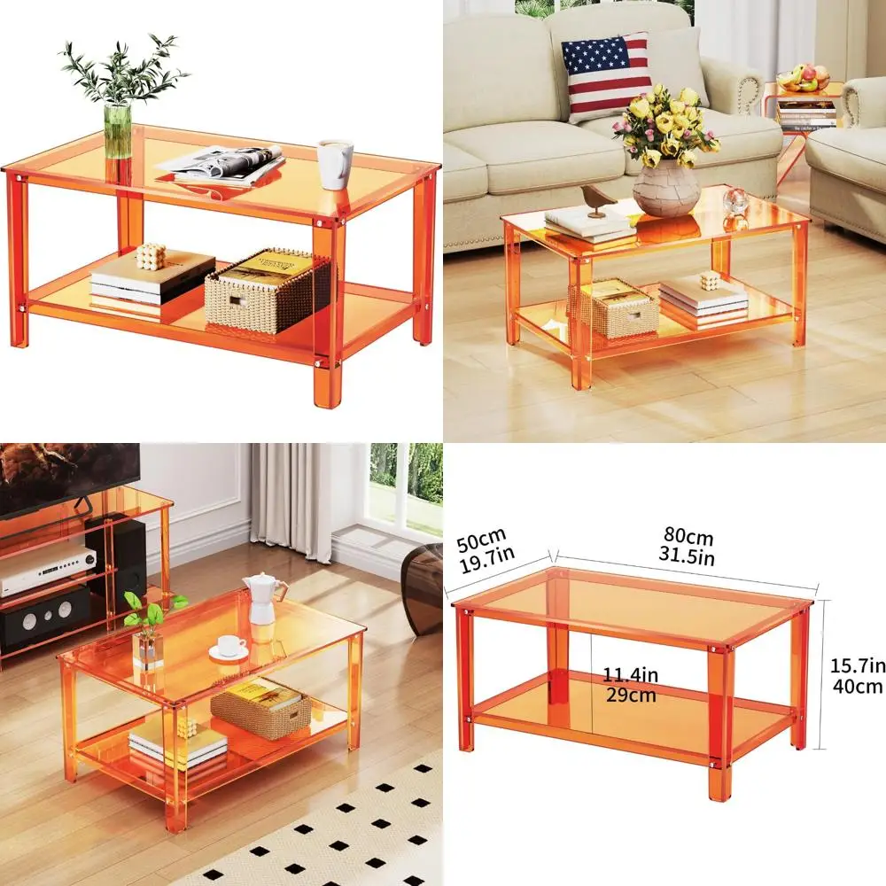 Rectangular Orange Acrylic Coffee Table with Storage Shelf for Living Room, Ideal for Small Spaces