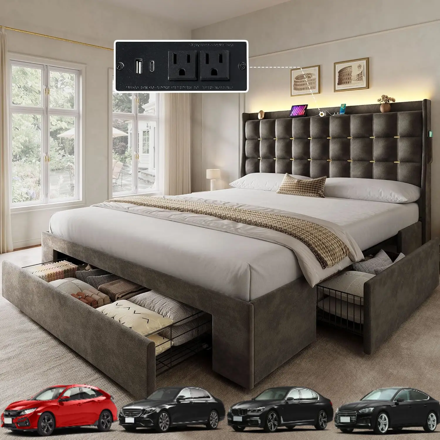 

Каркас кровати размера «queen-size» YITAHOME с 3 ящиками для хранения вещей и светодиодной подсветкой RGB, кровать с бархатной обивкой, зарядной станцией и хранилищем