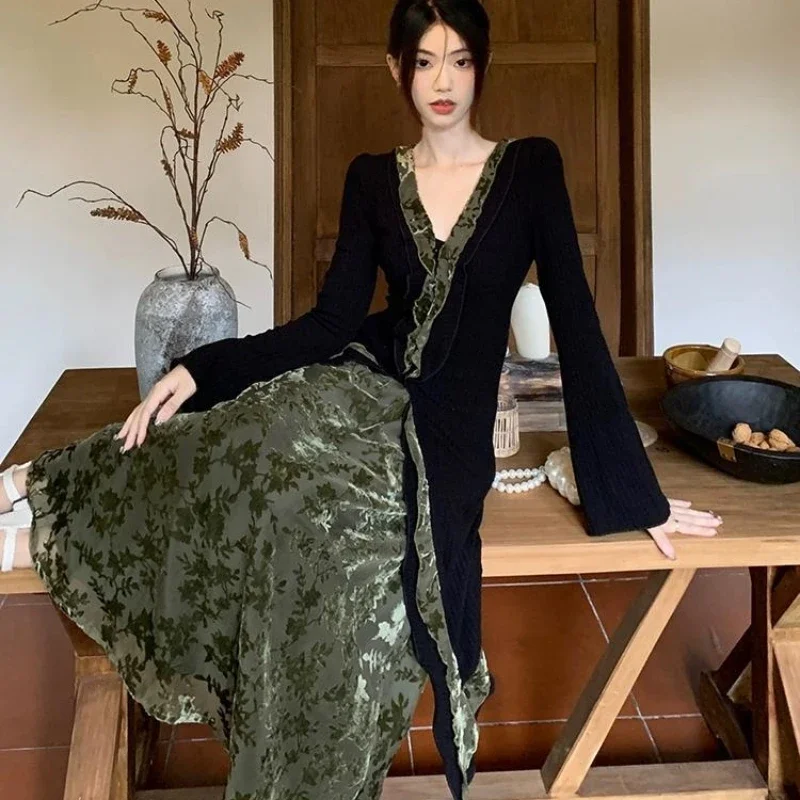 Primavera outono feminino estilo chinês retro preto plissado cardigan saias 2 peça conjunto senhora graciosa magro casaco longo saia floral ternos