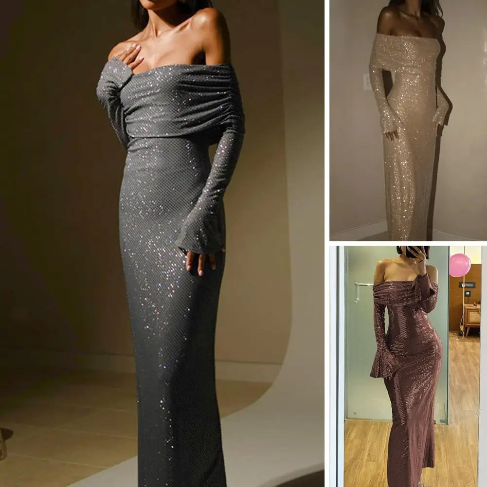 

Sparkling Evening Gown Elegant Shimmering Sequin Off Shoulder Maxi Dress for Prom Cocktail Parties Bateau Neckline Long Sleeves