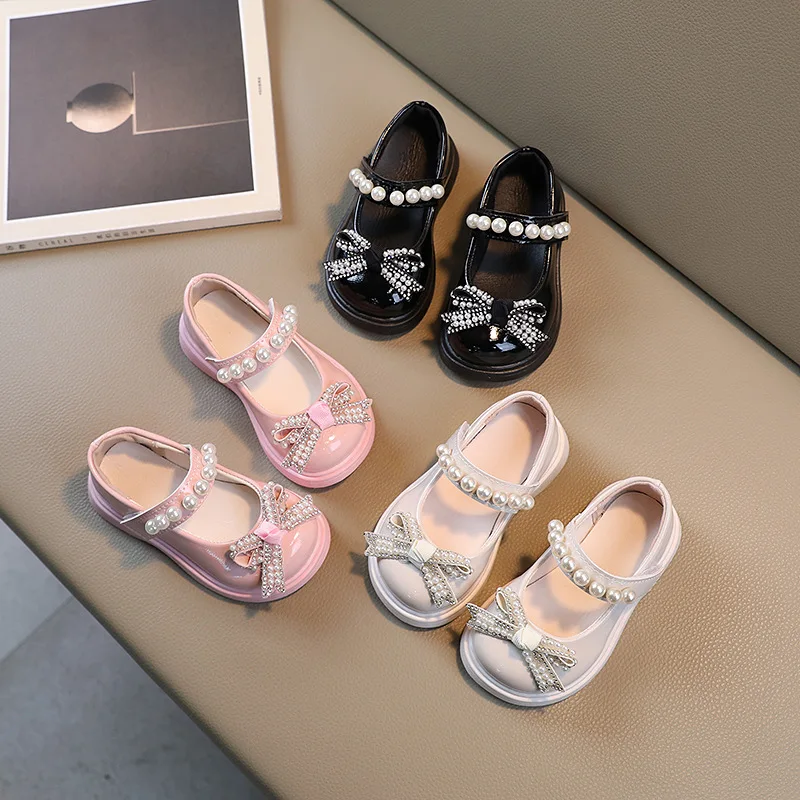 Fashion Girls Princess Shoes PU Bow Pearl Children Leather Sandals Elegant Kids Wedding Dress Party Girl Shoes