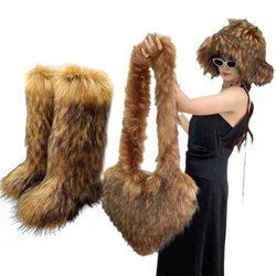 Winter Women New Fur Snow Boots High Tube Warm Imitation Fox Fur Boots Fashion Imitation Raccoon Hair Love Bag And Fur Hat Shoe