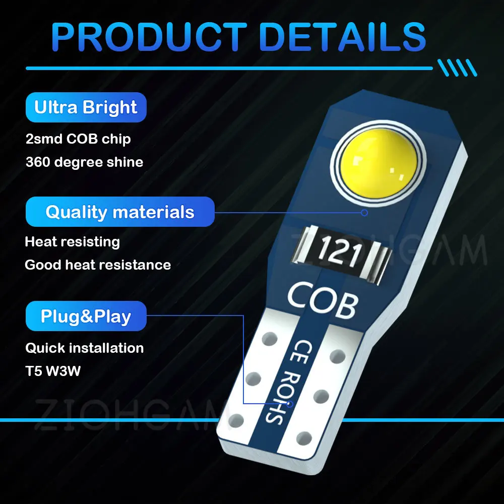 ZIOHGAM 8PCS Led T5 Bulb 73 74 COB W3W Instrument Dashboard Plate Panel Meter Neo Wedge Car Signal Lamp Warning Indicator Light