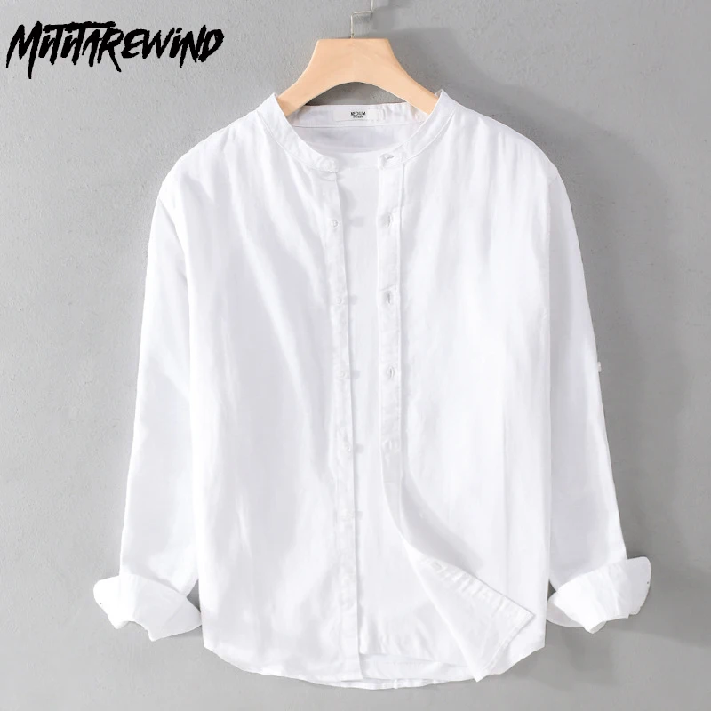 

Stand Collar Man Shirts Spring Summer Daily Causal Long Sleeve Shirt Plain Cotton Linen Shirt 4XL Breathable Top Simple Clothes