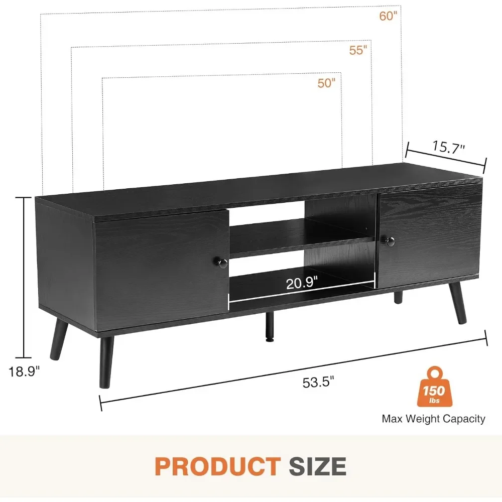 TV Stand for 55 60 inch TV, Modern Mid Century Entertainment Center with Storage, Media Console Table 2 Cabinet, Soft Hinge