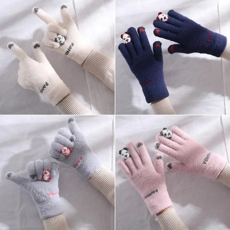 Guantes de lana para mujer, bonitos guantes de invierno con pantalla táctil acolchados, gruesos, cálidos, para ciclismo, conducción, cinco dedos, guantes de algodón para chica fría para invierno