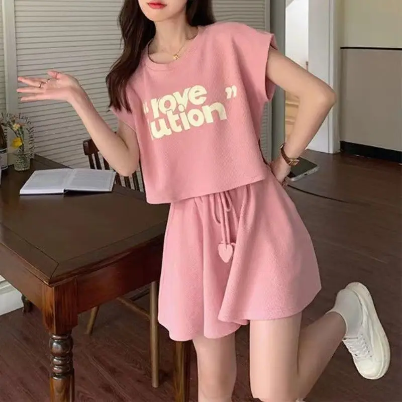 Casual Sports Solid Color Women\'s Clothing Summer Loose Sweet Two Piece Set Comfortable Pullovers Ladies Fashion Pink Shorts