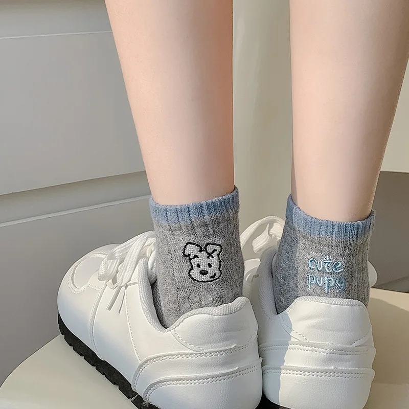 

New Spring Summer Embroidered Dog Short Socks Women's Fashionable Combed Cotton AB Style Korean Ins Style Ladies Socks