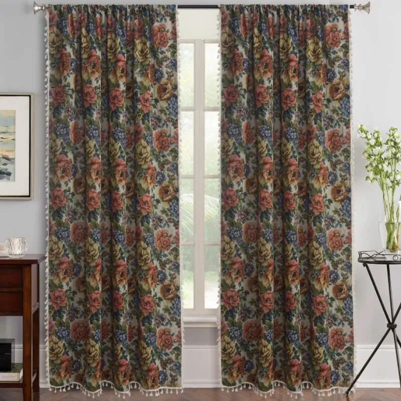 

Cotton Linen American rose knit Home Window Curtain Colorful Tassels Blackout Drapes Bay Window Curtains for The Living Room