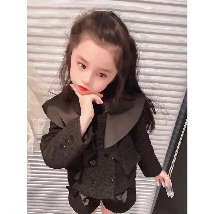 Girl Two Piece Set 2024 Autumn New Fashion Flip Collar Loose Coat Black Short Skirt Casual Simple Fashion Loose Sweet Korean