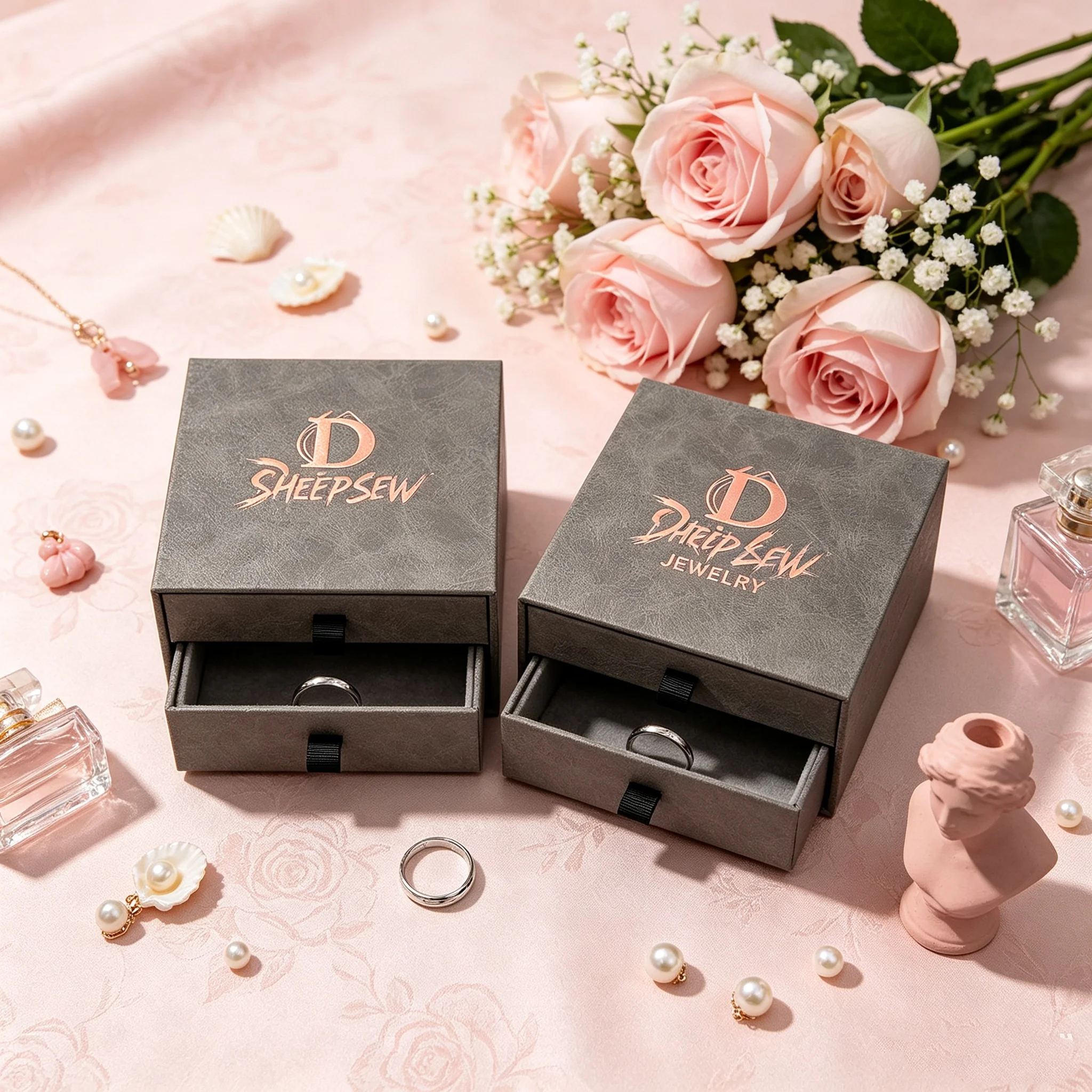 50pcs Sheepsew Grey Luxury Drawer Style Custom logo Jewelry Box for Necklace and Earrings