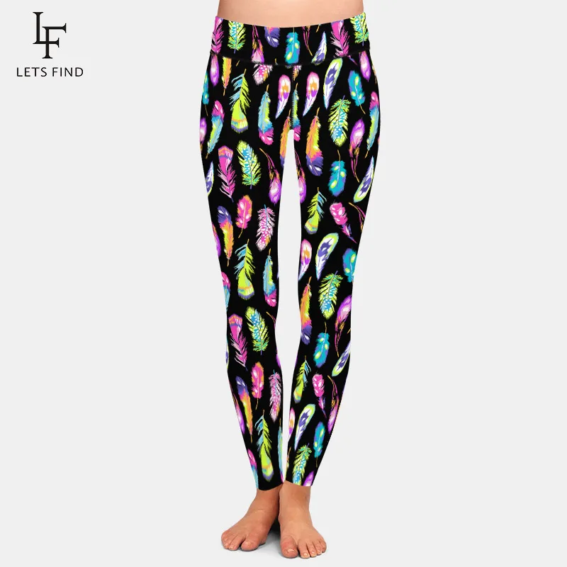 Letsfind 2020 nova moda feminina imprimir leggings 3d arco-íris pena impressão alta wiast macio magro aptidão leggings completos