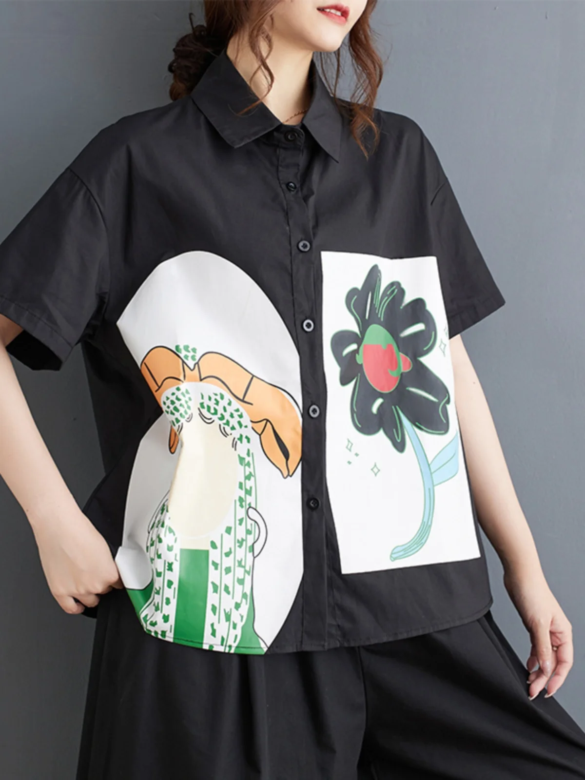 

Свободный женский топ больших размеров с принтом, летний, 2025, уличный стиль, повседневный, с коротким рукавом, пэчворк, для работы и отдыха