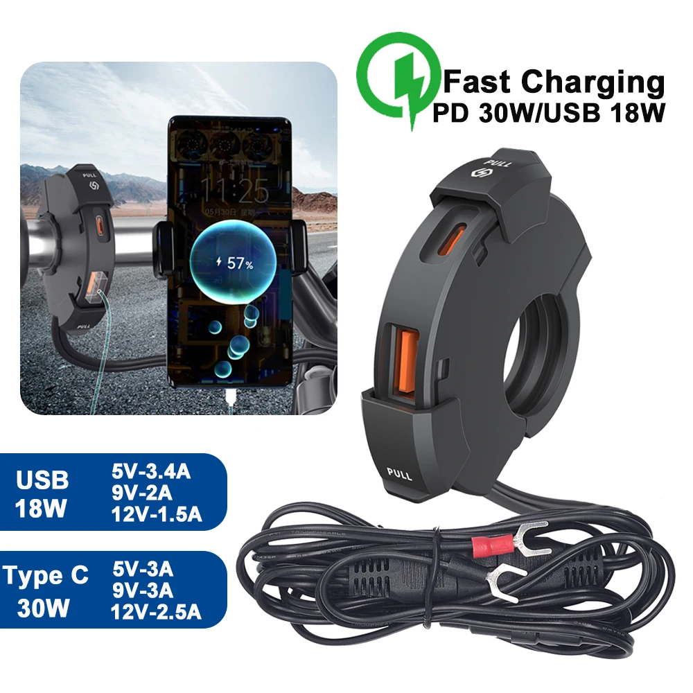 

48W Motorcycle USB Charger QC3.0 18W Type C PD30W Waterproof Handlebar Mounting Bracket Moto Phone Charger 12/24V Socket Adapter