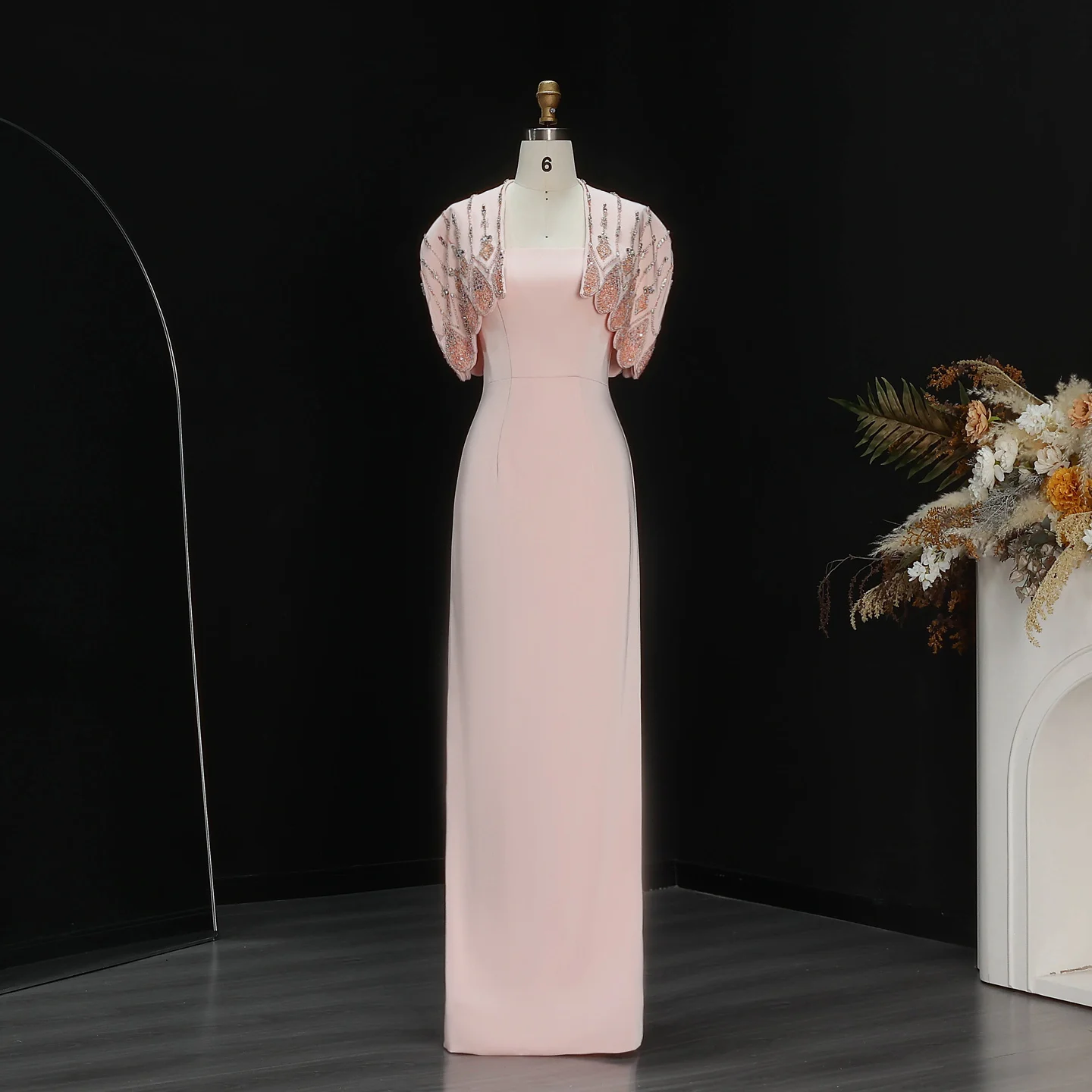 Sharon Said Rosa Langes Formelles Abendkleid mit Cape Luxuriös Perlenverziertes Elegantes Hochzeitsgast-Partykleid für Damen SS302 Maßanfertigung – Detail 7