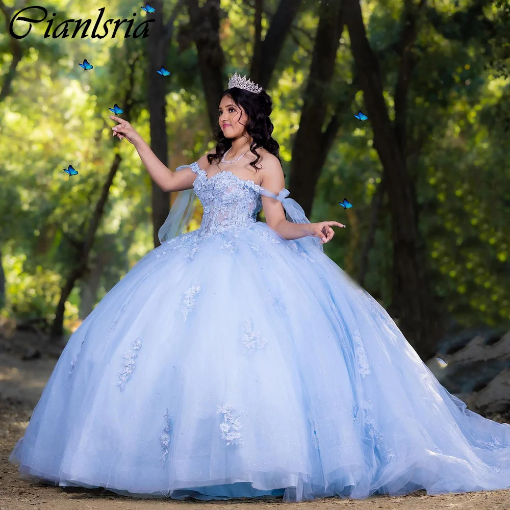 Cintas De ilusión azul claro, vestido De baile De quinceañera, hombros descubiertos, apliques florales, corsé De encaje, 15 Años