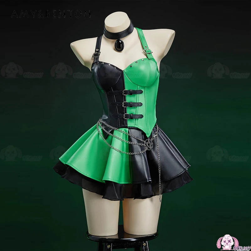 

Punk Dark Gothic Design Sexy Hot Girl Women's Clothing 2025 Autumn New Green Splicing Sleeveless Sling Mini Leather Skirt Ladies