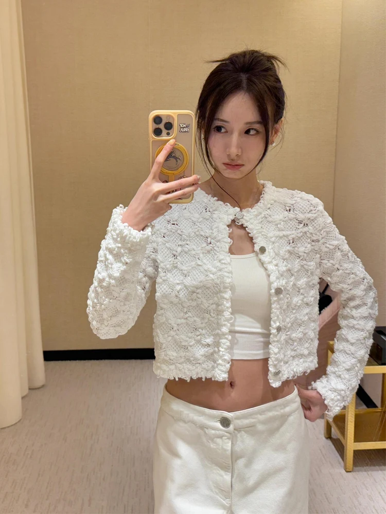 

Unique Knitted Heavy Embroidery Hollow out Slimming Women's Open Cardigan White Color Commute Sle Regular Fit Long Sve
