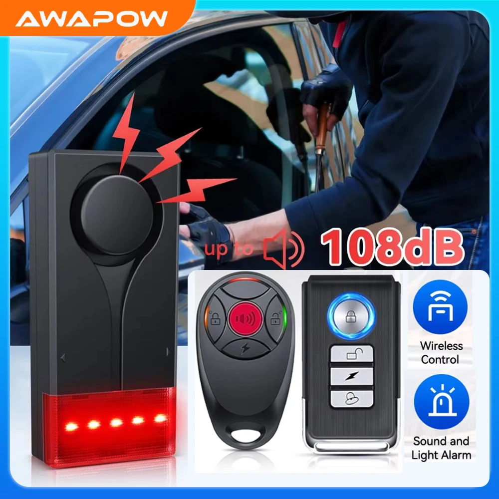 

Автомобильная противоугонная сигнализация Awapow, 108 дБ, беспроводная вибрационная сигнализация со световой системой безопасности дверей и окон
