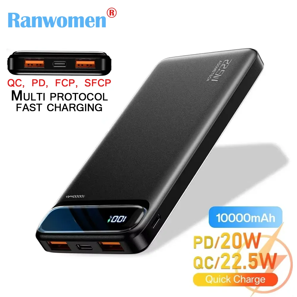 Power Bank 22.5W 10000mAh QC PD Fast Portable Power Bank Built-In LCD Digital Display External Battery For Iphone Samsung Xiaomi