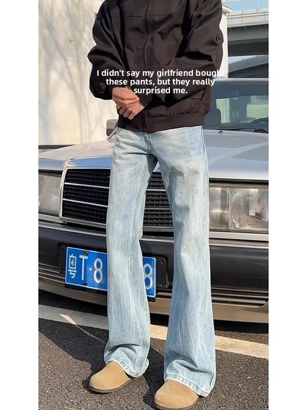 

Light Blue Waed Knife Jeans Men's Tall Extended Straight Leg Micro Flared Pants American High Street Vibe Jeans
