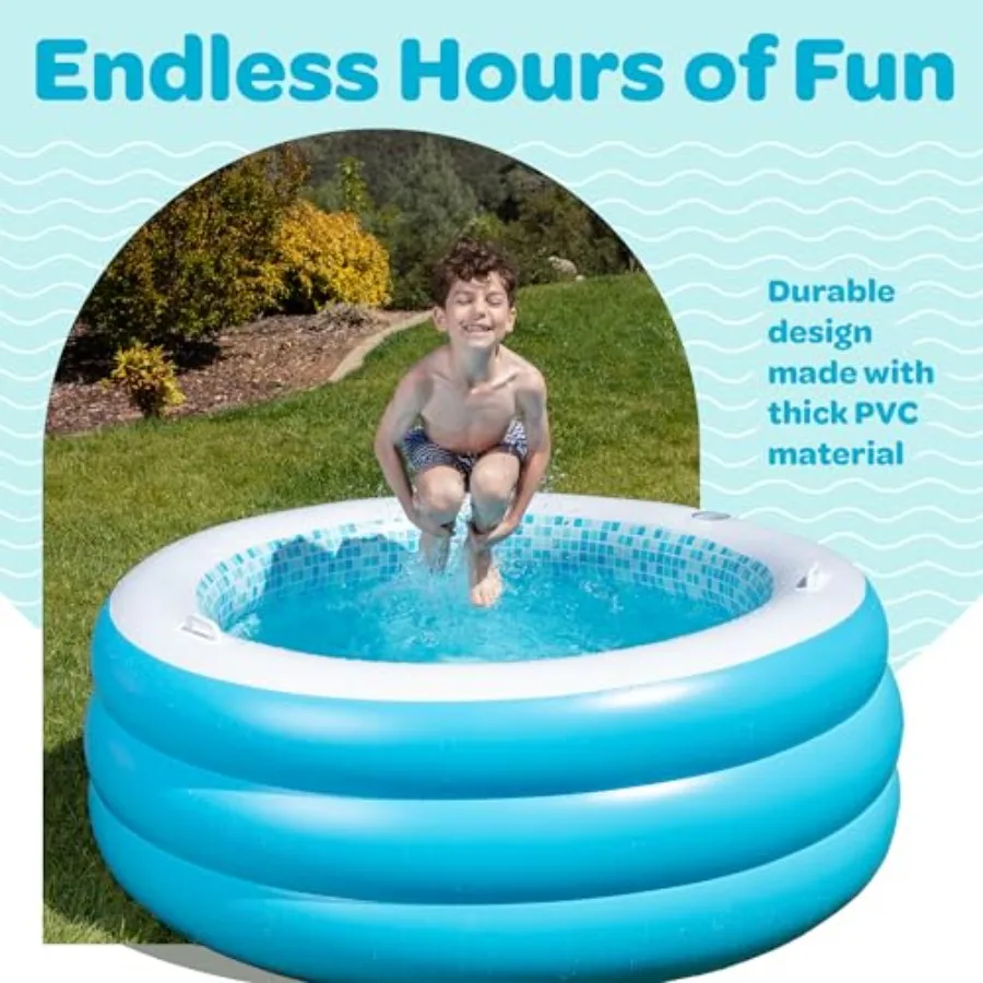 Inflatable Round Swimming Pool for backyard use PVC material blue color blow-up padded floor with cup holder handles and drain