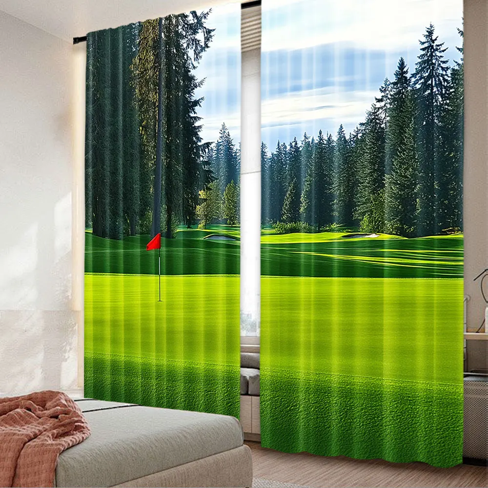 

2Pcs Golf Course Curtain Green Grass Lawn Golf Flag Mountain Woodland Trees Nature Golf Sports Theme Party Decorations A