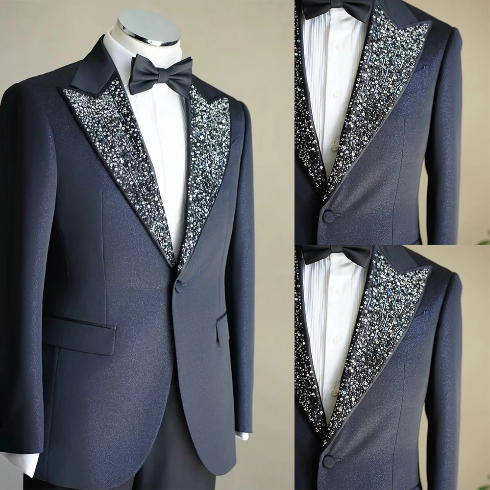 

Fashion Men's Blazer Crystal Tuxedos Peak Lapel Single Breasted Jacket For Wedding Groom Only Coat Custom Made Terno Masculino