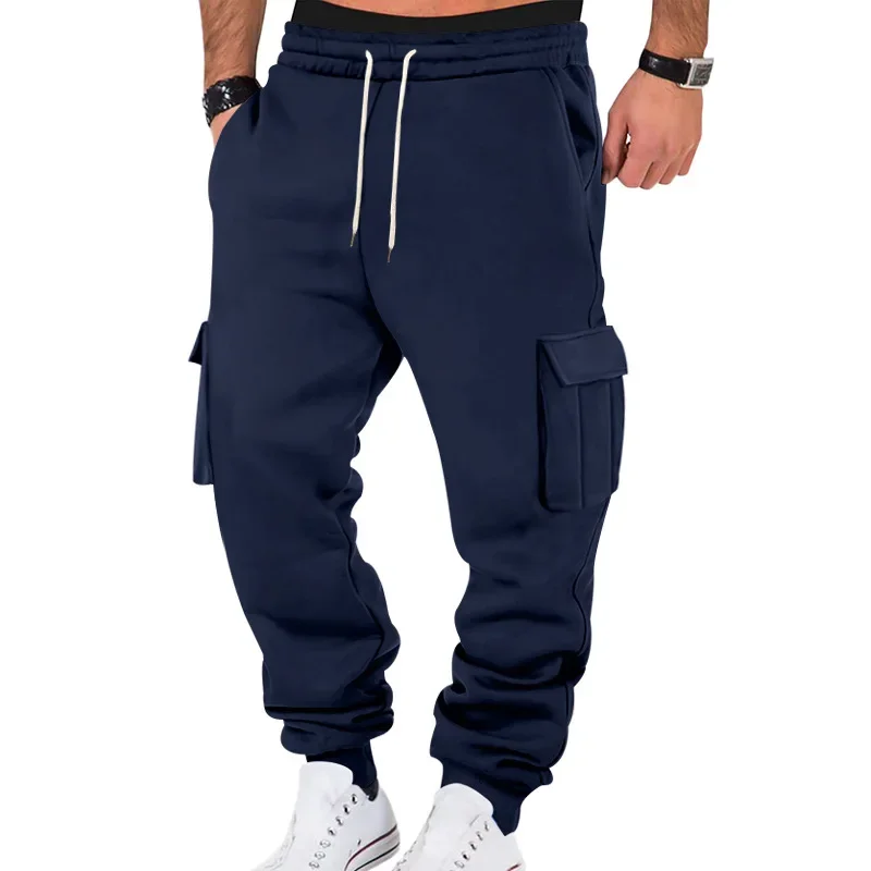 New Autumn Winter Fleece Lined Men's Sweatpants Multi-Pocket Drawstring Cargo Pants Outdoor Sports Joggers Cuffed Sweatpants