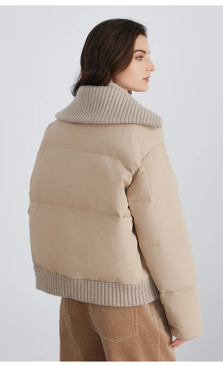 BC835 Weiße Gänsedaunenjacke mit großem Revers, warm, mit Reißverschluss, langärmelig, 100% Kaschmir, warmer Mantel – Detail 8