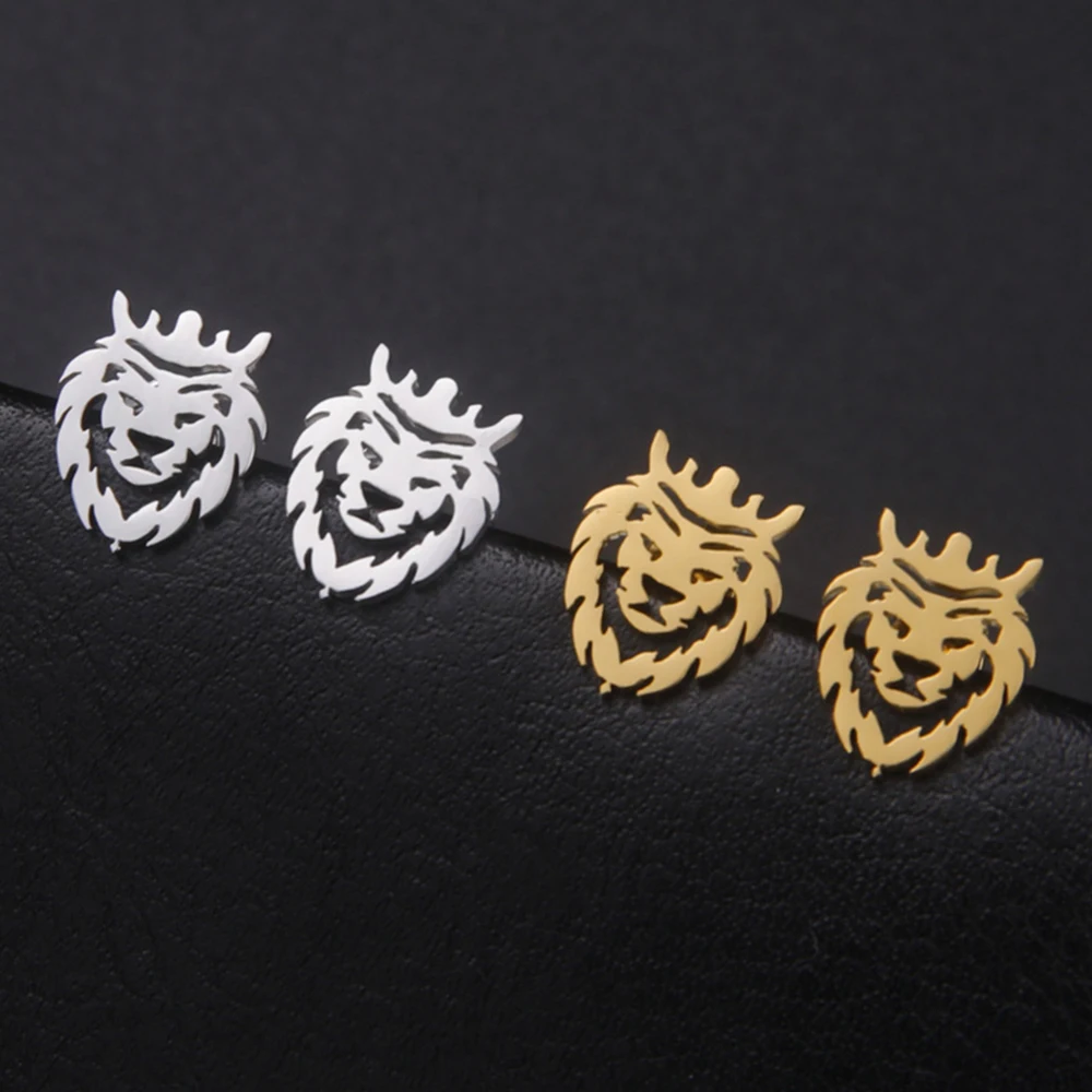 My Shape Lion with King Crown Stainless Steel Animal Stud Earrings for Women Girls Lion Earings Minimalist Fashion Jewelry Gifts