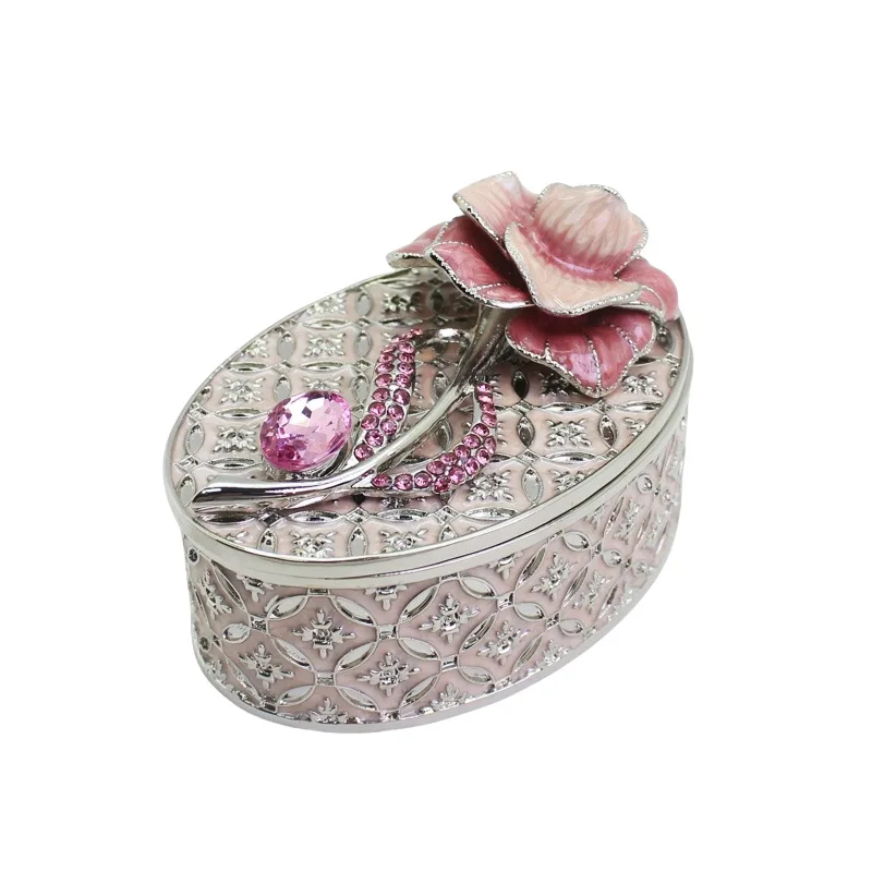 

Luxury Pink Flower Enamel Trinket Box Silver Plated Oval Jewelry Storage Box Rhinestone Collectible Decorative Gift for Women