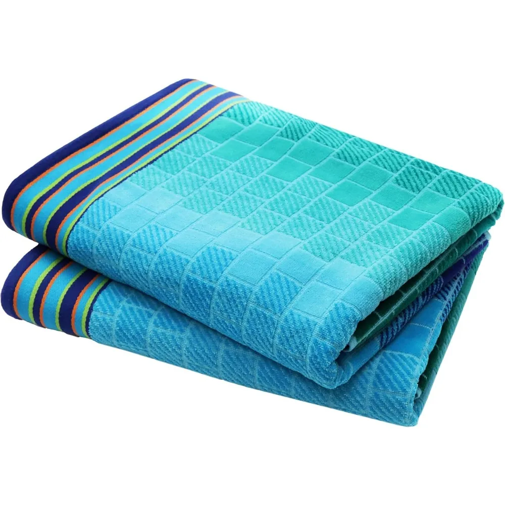 

Oversized Beach Towel Set 35x70 2 Pack 100 Cotton 450 GSM Super Soft Absorbent Blue Tiles