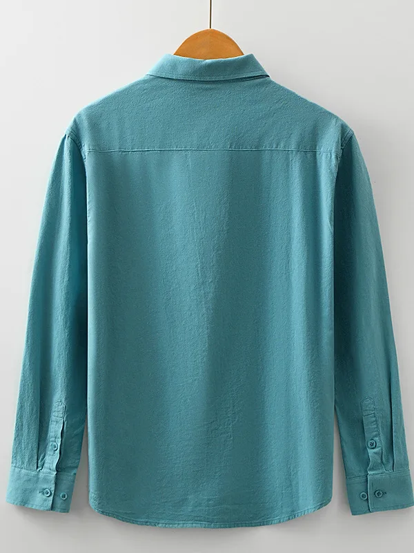 Men's Basic Pure Color Casual Shirt Breathable Lightweight Spring Summer Japanese Style Retro Trendy Long Sleeve Cotton Shirt
