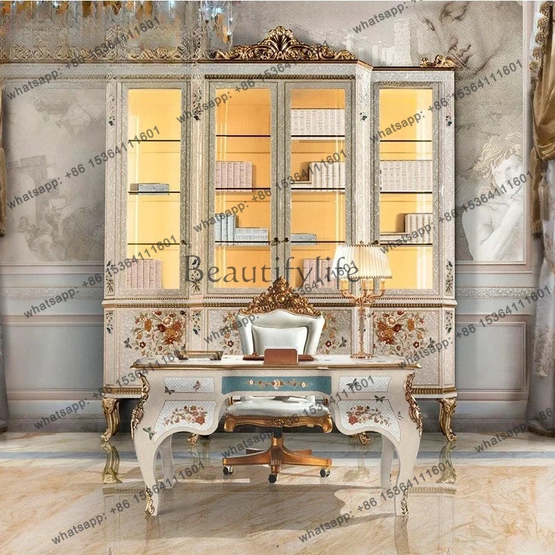 French solid wood carving desk European bookcase desk shell parquet villa study furniture