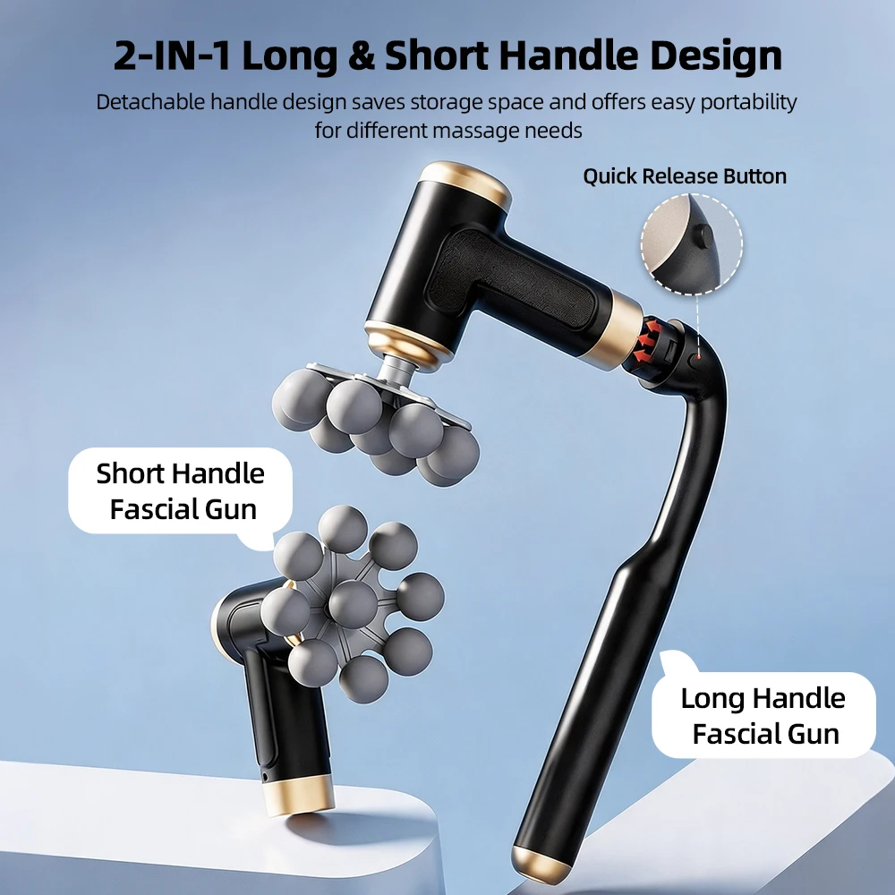 2-in-1 Long&Short Handle Fascia Gun Cordless Deep Tissue Massage Gun 9 Heads Powerful Percussion Massager for Muscle Relaxation