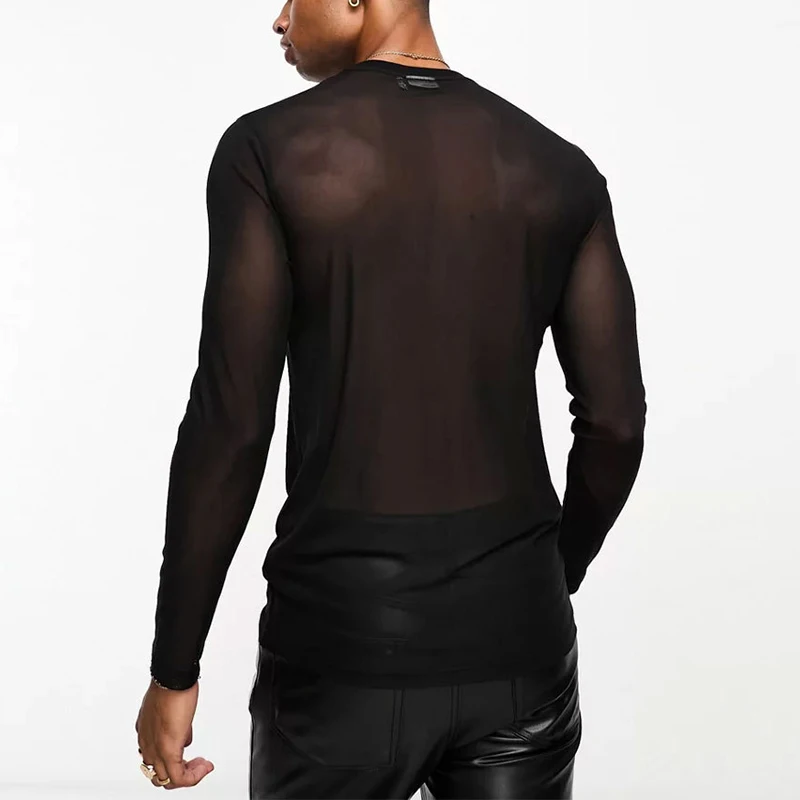 2024 Spring New Men's Mesh T-shirts Sexy See Through Thin Tops Party Fashion Men Clothes O Neck Long Sleeve Transparent T Shirt