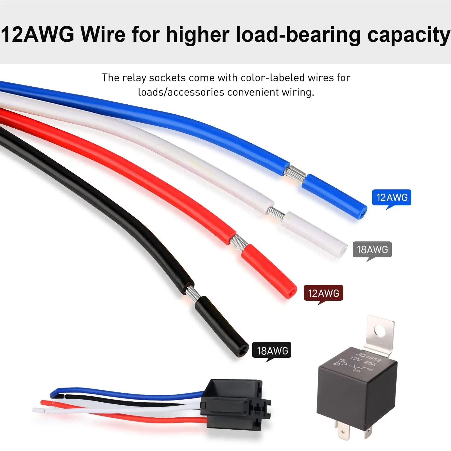 JD1912 Car Relay Harness 12V 40A 4 Pin SPST Harness Sockets with Color-labeled Wires for Automotive Truck Van Motorcycle Boat