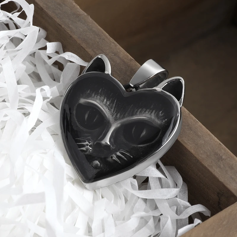 Engrave Stainless Steel Heart Shape With Cat Head Pendant Necklace Animal Cute Fashion Vintage Men Women Jewelry Couple Gift