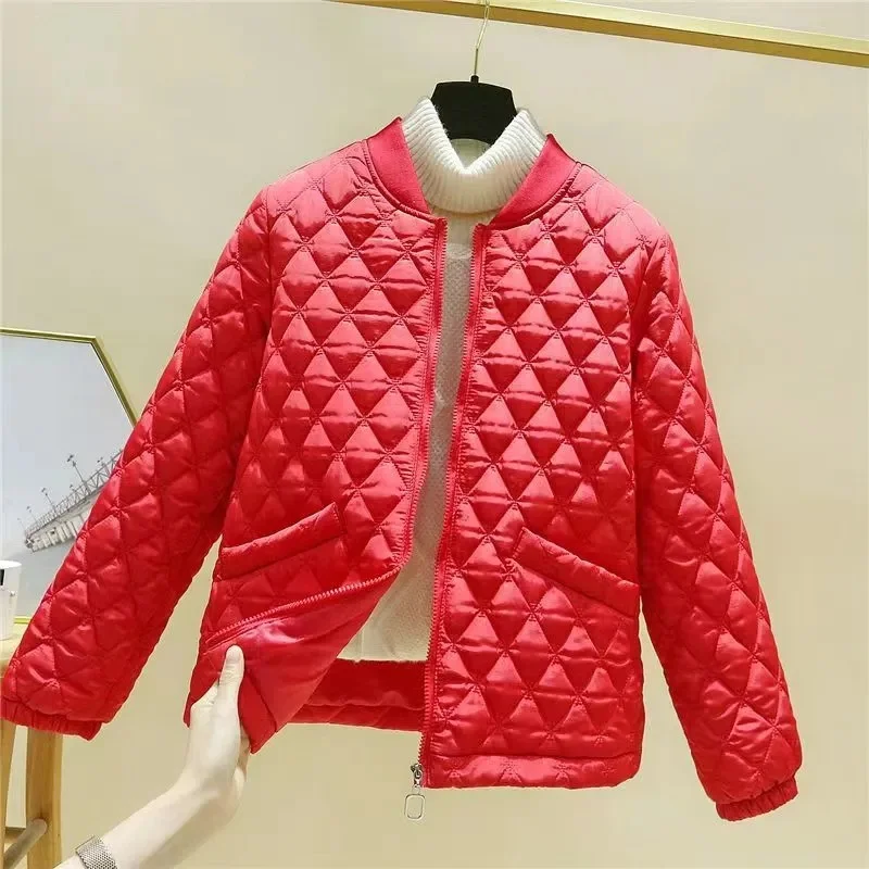 

Spring autumn Female New Stand-up Collar Baseball Uniform Diamond Plaid Cotton-padded Jacket Women Short Thin Retro Loose Coat