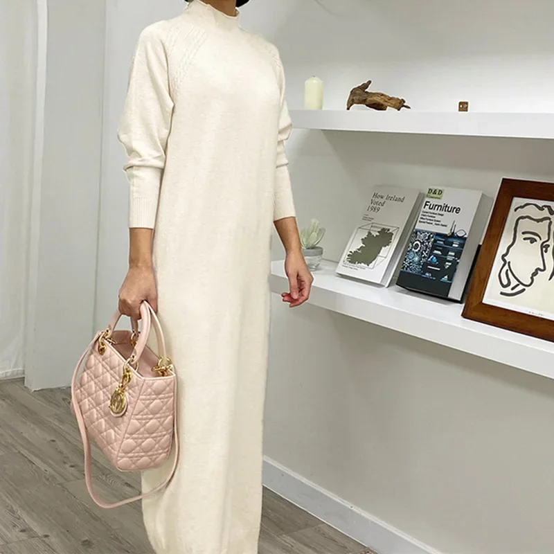 New Korean Long Cashmere Dress Women Autumn Winter Long-sleeve O-neck Sweater Dresses Vintage Oversized Woolen Knitwear