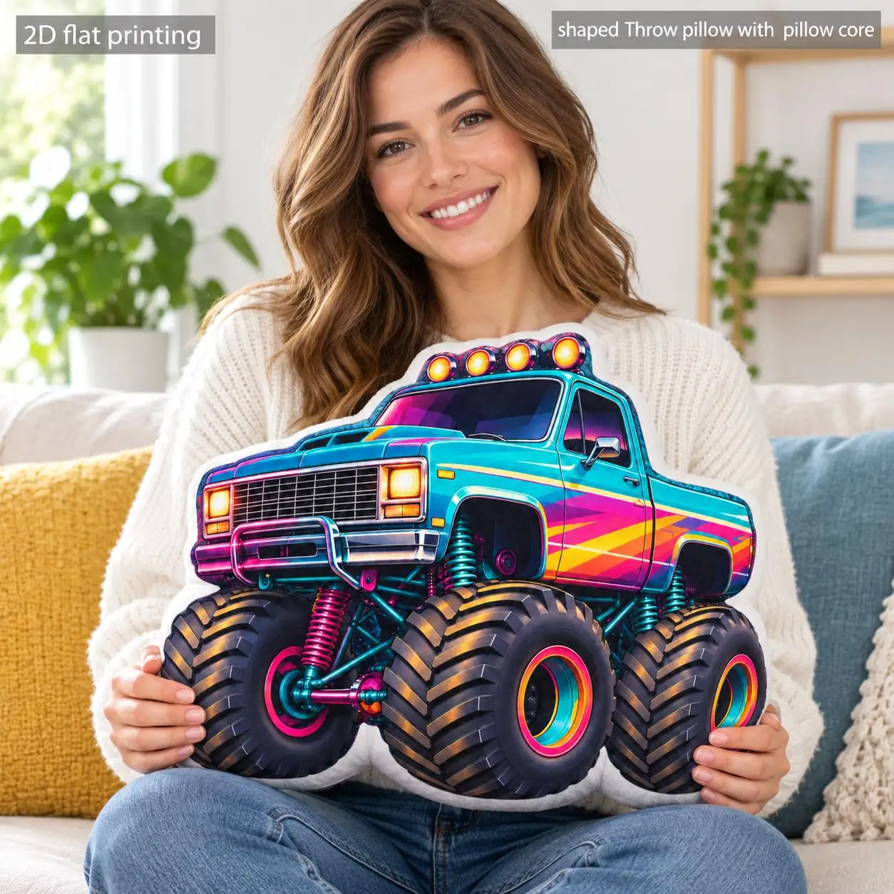 Fire Truck Shaped Throw Pillow with Pillow Core Polyester Two Sided Print Decorative Cushion for Sofa Bedroom