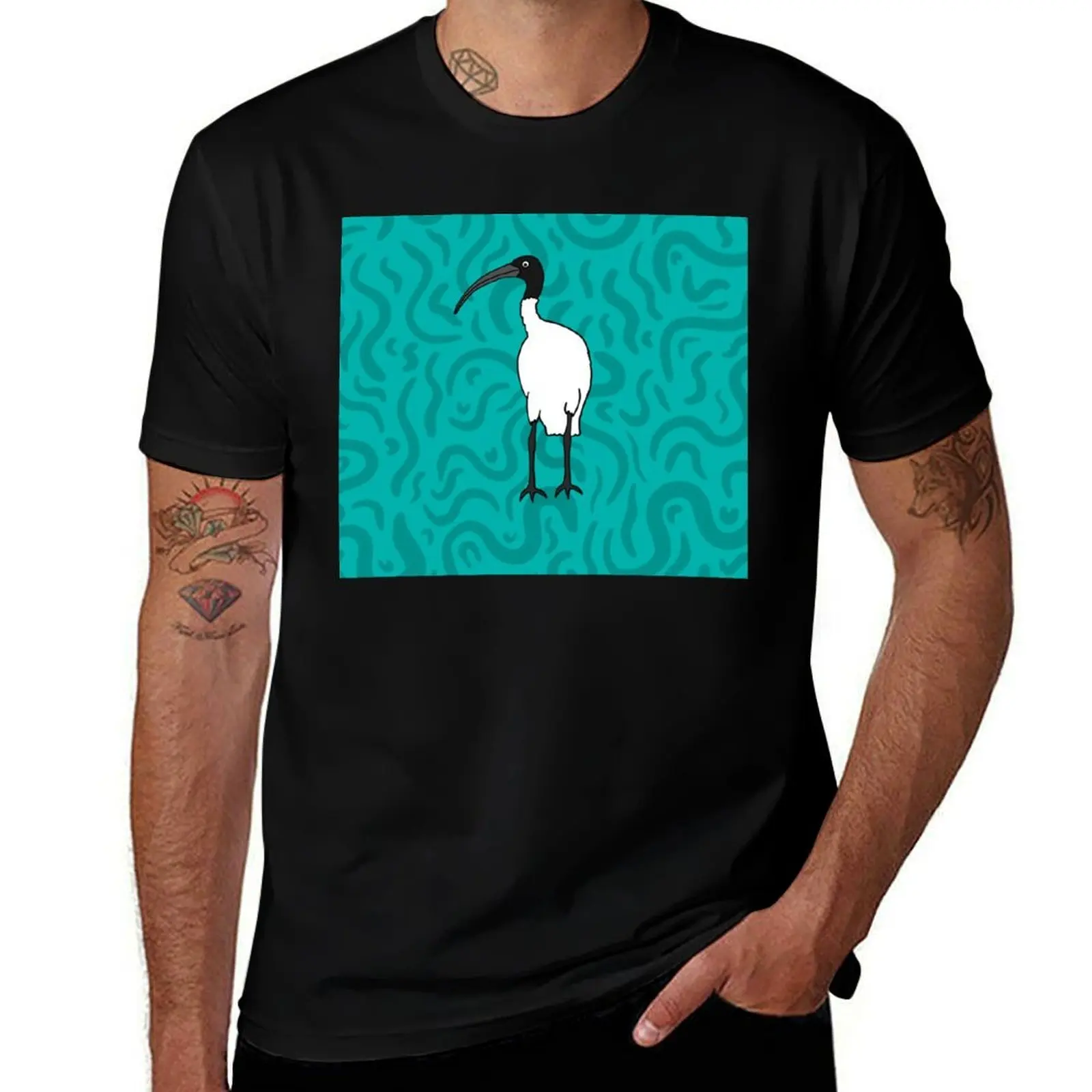 Bin Chicken Squiggly Art on Teal T-Shirt Soft Stretch Short Sleeve Top