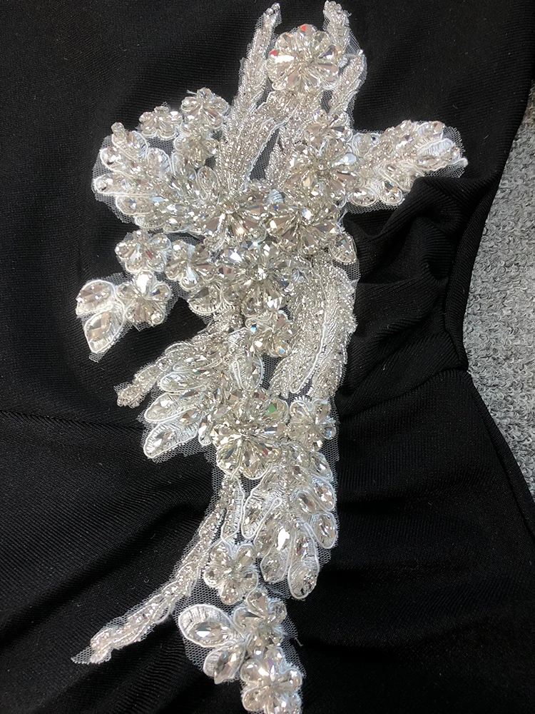 Elegante vestido midi bodycon de manga comprida de um ombro com enfeite floral vestido de fenda alta para baile de noite e festa de casamento