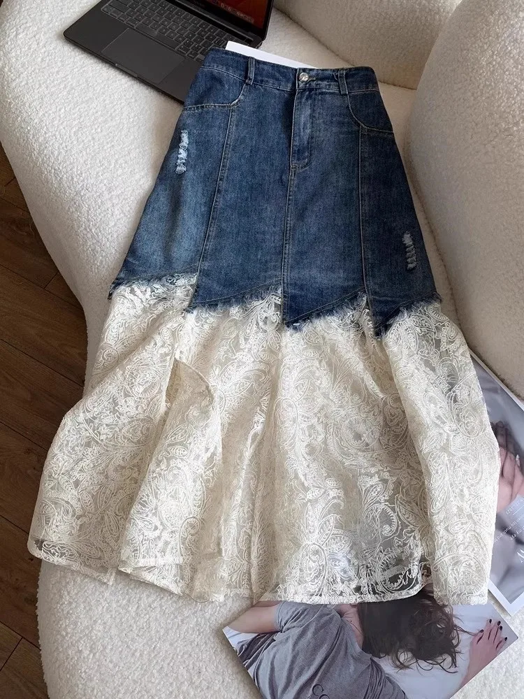 Women's Blue Denim Skirt Vintage 2000s Lace Patchwork Jean Skirt Harajuku Y2k Asymmetrical Ripped Cowboy Skirts Clothes Summer